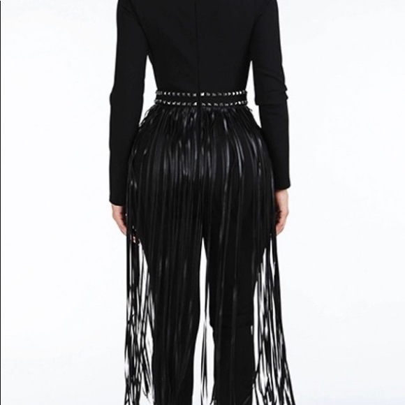 Black Deep V Fringe Jumpsuit - Picture 2 of 4